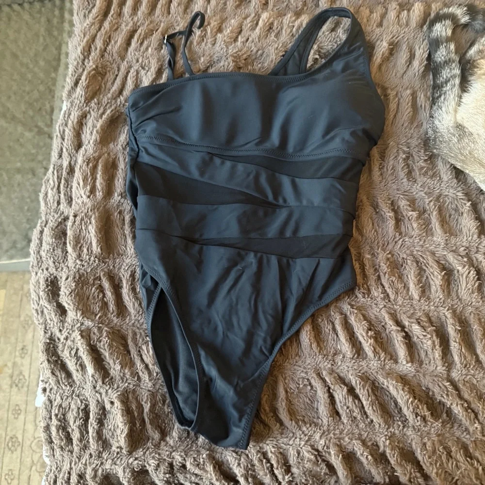 Pink Lily One Shoulder Black Swimsuit